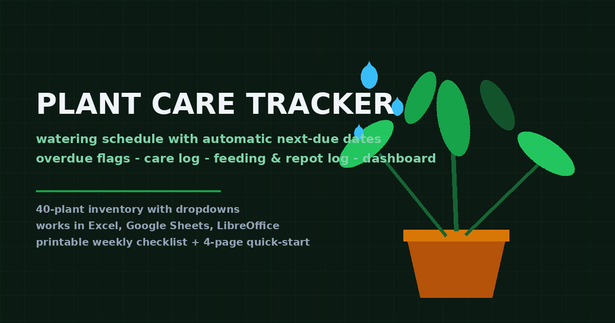Cover: dark green background with potted plant and watering drops, title Plant Care Tracker, watering schedule with automatic next-due dates and care log