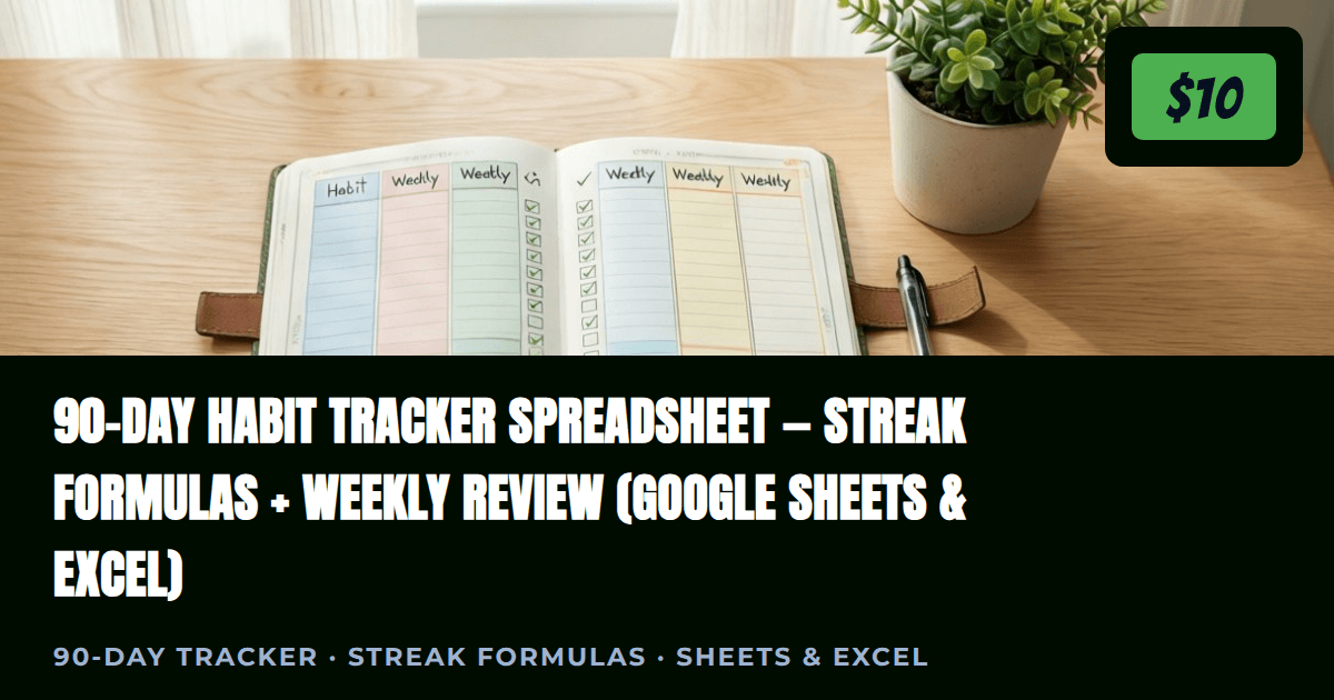 90-Day Habit Tracker Spreadsheet — Streak Formulas + Weekly Review (Google Sheets & Excel)