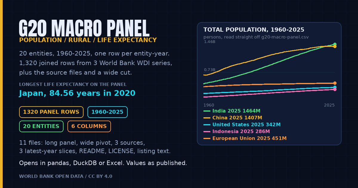 Cover: G20 Macro Panel, white title over a dark blue grid, two columns, population lines for India, China, United States, Indonesia and European Union 1960-2025 with the latest values, chips for 1,320 rows, 1960-2025, 20 entities and 6 columns@