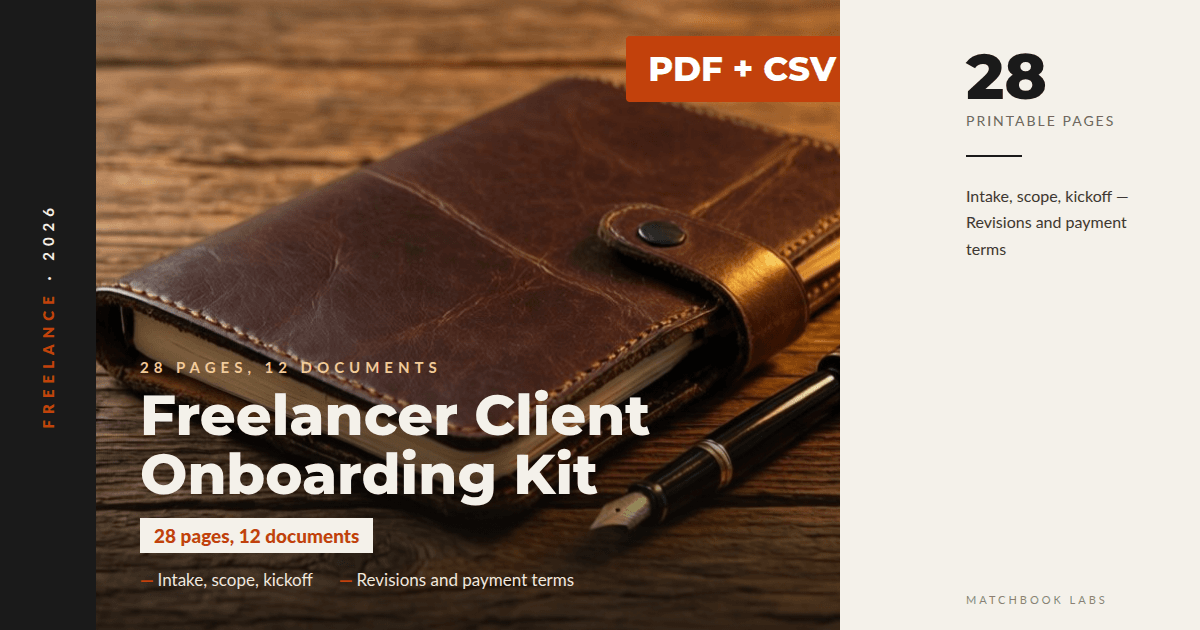 Freelancer client onboarding kit cover: 12 templates for intake, scope, kickoff, revisions, payment and offboarding