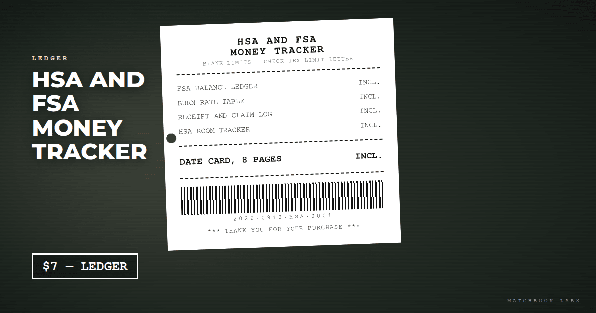 HSA and FSA money tracker printable ledger: FSA balance sheet by month, burn rate table, receipts and claim log, HSA contribution room page