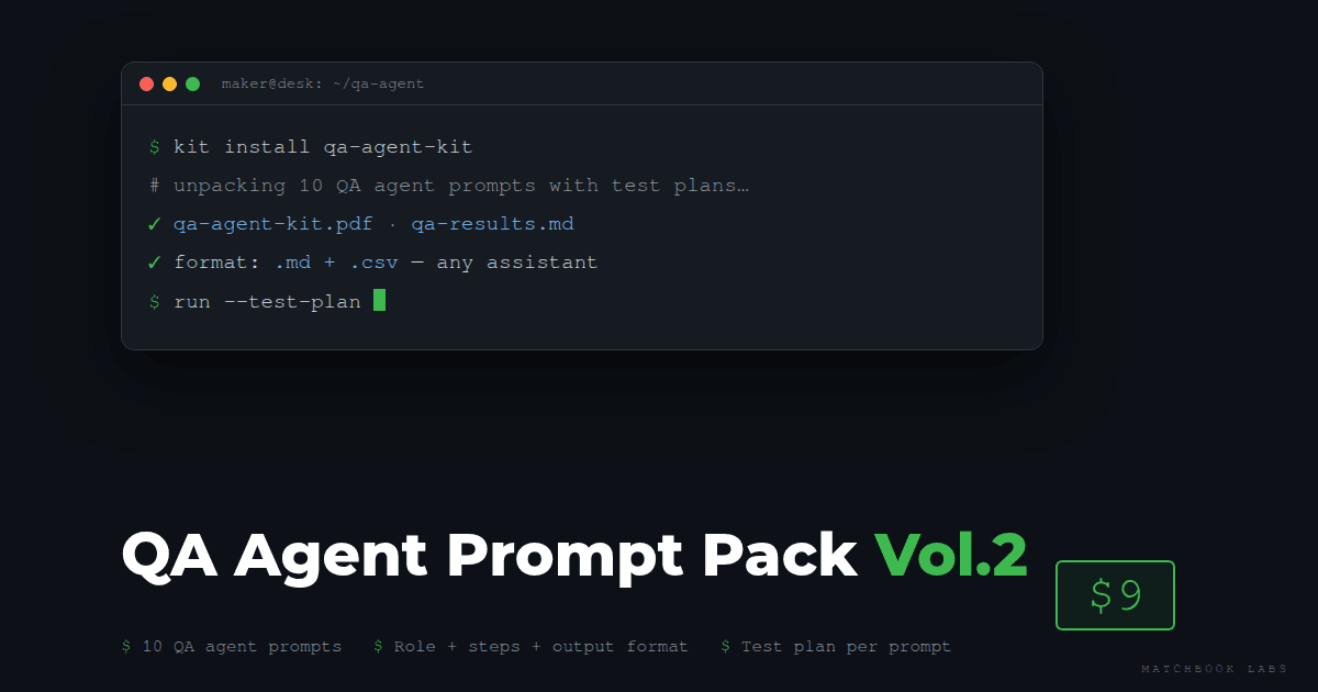 Cover: dark terminal window with mono install prompt lines, title QA Agent Prompt Pack Vol.2, 10 QA agent prompts