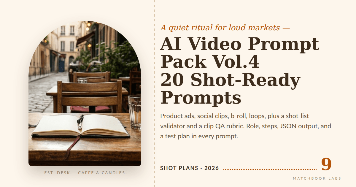 Cover: warm cream editorial arch frame with serif title, AI Video Prompt Pack Vol.4, 20 shot-ready prompts