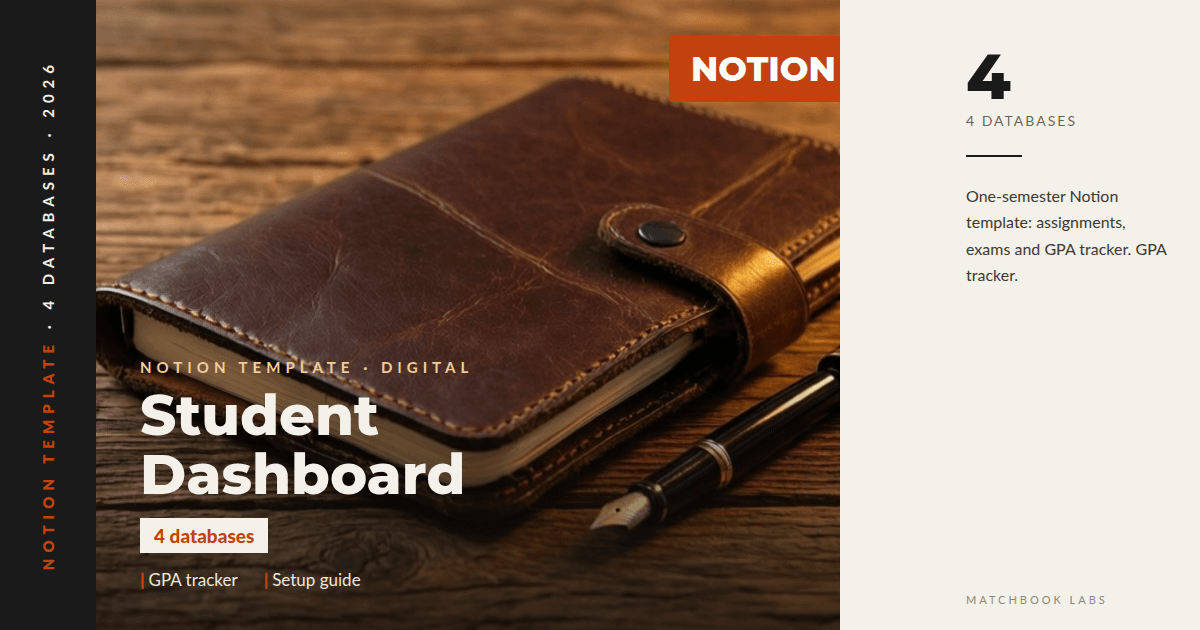 Student Dashboard Notion template cover: dark dashboard mock with assignment rows and violet accent