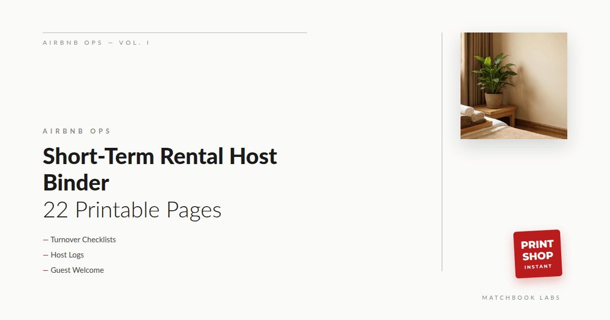 Short-Term Rental Host Ops Binder — 22 Printable Pages (Turnover Checklists, Host Logs)