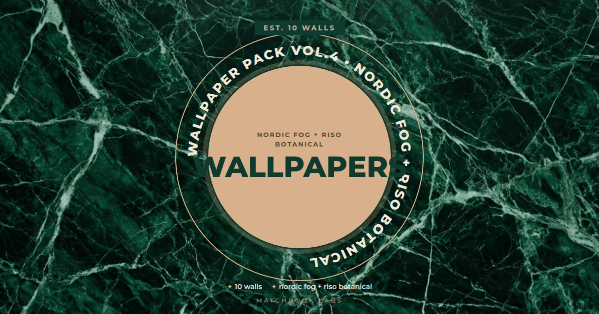 Cover: light minimal wallpaper pack layout, title Wallpaper Pack Vol.4, nordic fog and riso botanical AI walls, 10 files 2560x1440