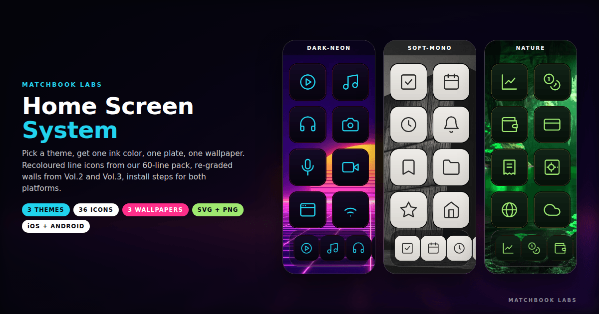 Cover: mock home screen, three phone frames, each filled with a re-graded wallpaper from the pack plus this kit's own 512px tiles, dark-neon wallpaper blurred behind as backdrop