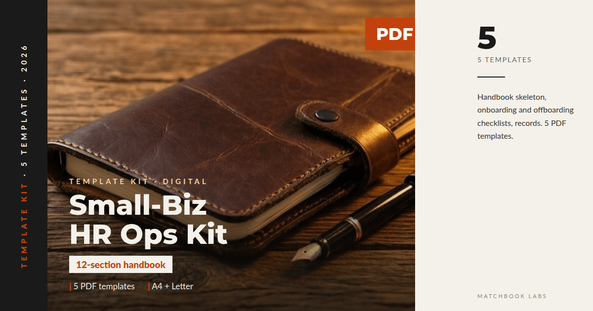 Small-Biz HR Ops Kit cover: printable handbook, onboarding and personnel record templates on a dark office desk