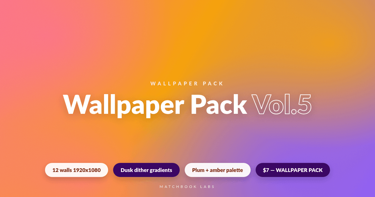 Cover: gradient mesh with pixel dither diamond glow, title Wallpaper Pack Vol.5, dusk dither walls in plum and amber, 12 files 1920x1080