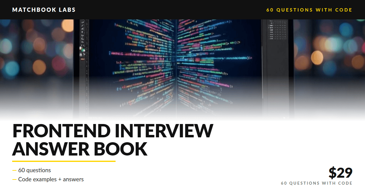 Cover: dark tech background with a cyan accent bar, title Frontend Interview Answer Book, subtitle 60 Questions with Code