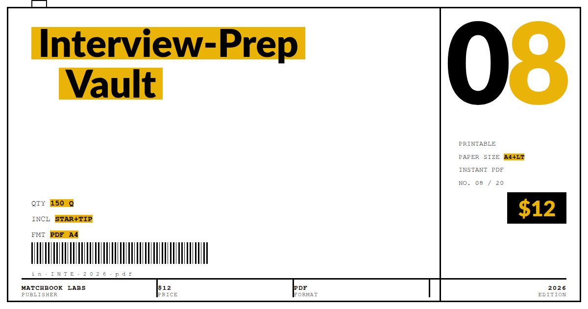 Cover: brutalist index poster, title Interview-Prep Vault, 150 questions, 6 sections, STAR frameworks