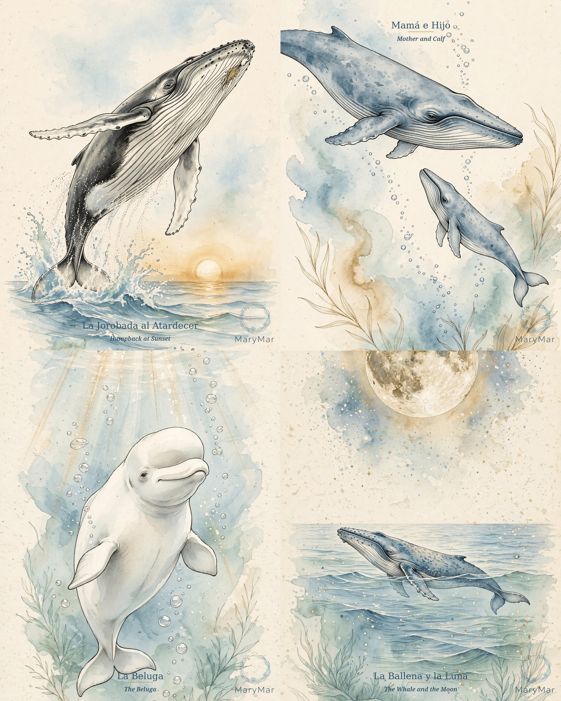 Serene Whales — 6 Printable Wall Art Prints (Bilingual EN/ES) - preview 1