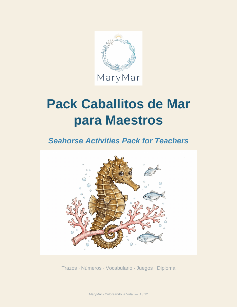 Seahorse Activities Pack for Teachers — 12 Bilingual Printables - preview 1