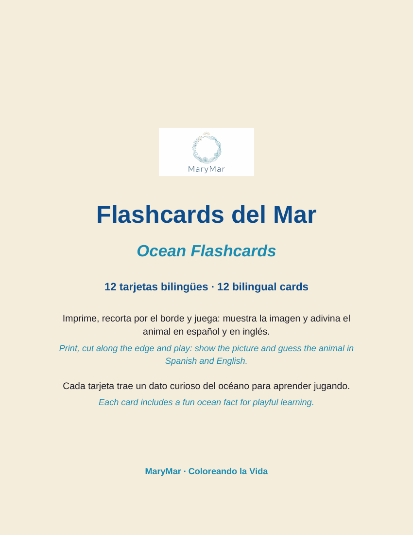 Ocean Flashcards — 12 Bilingual Cards (Printable) - preview 1