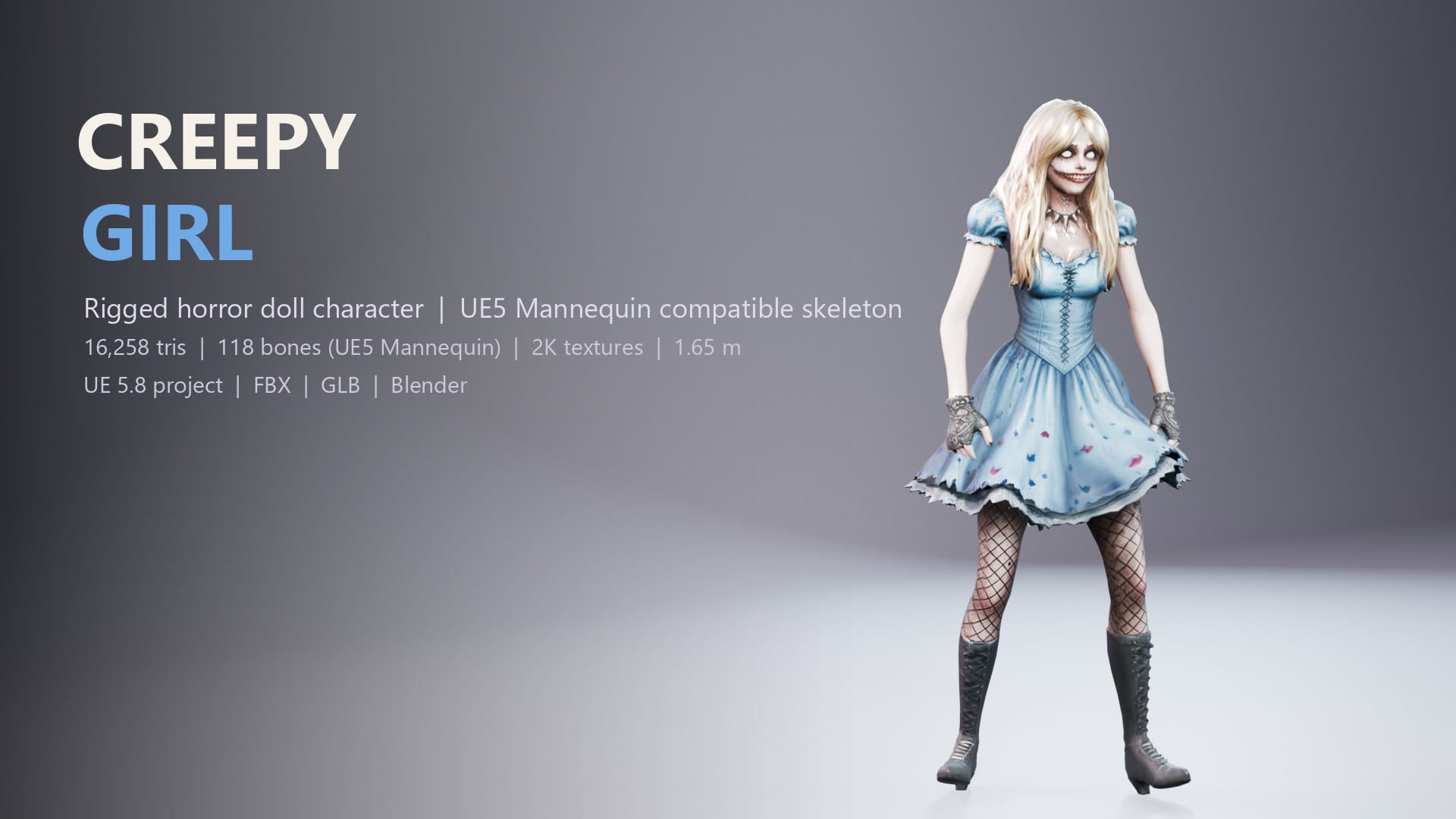 Creepy Doll Girl - Rigged Horror Character for UE5 Mannequin (FBX, GLB, Blender)