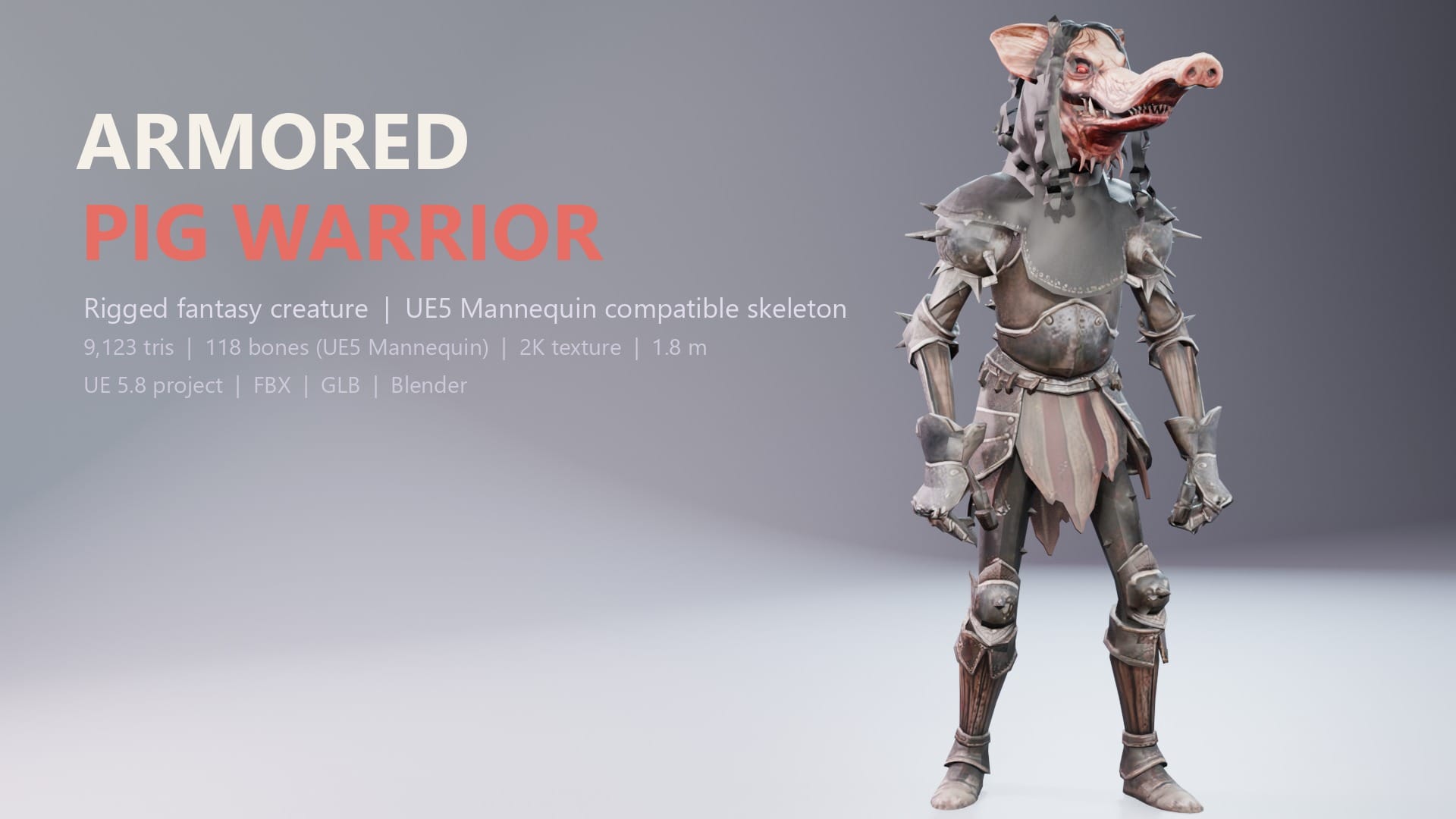 Armored Pig Warrior - Rigged Fantasy Creature for UE5 Mannequin (FBX, GLB, Blender)