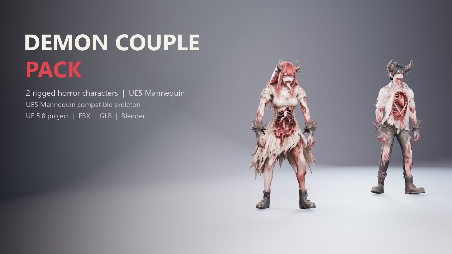 Demon Couple Pack - 2 Rigged Horror Demon Characters for UE5 Mannequin (FBX, GLB, Blender)