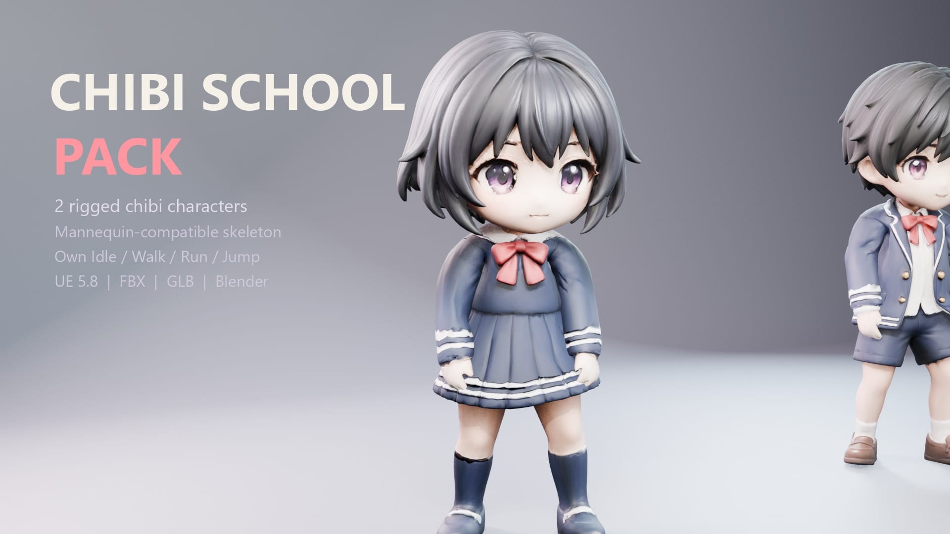 Chibi School Pack - 2 Rigged Chibi Characters for UE5 Mannequin (FBX, GLB, Blender)