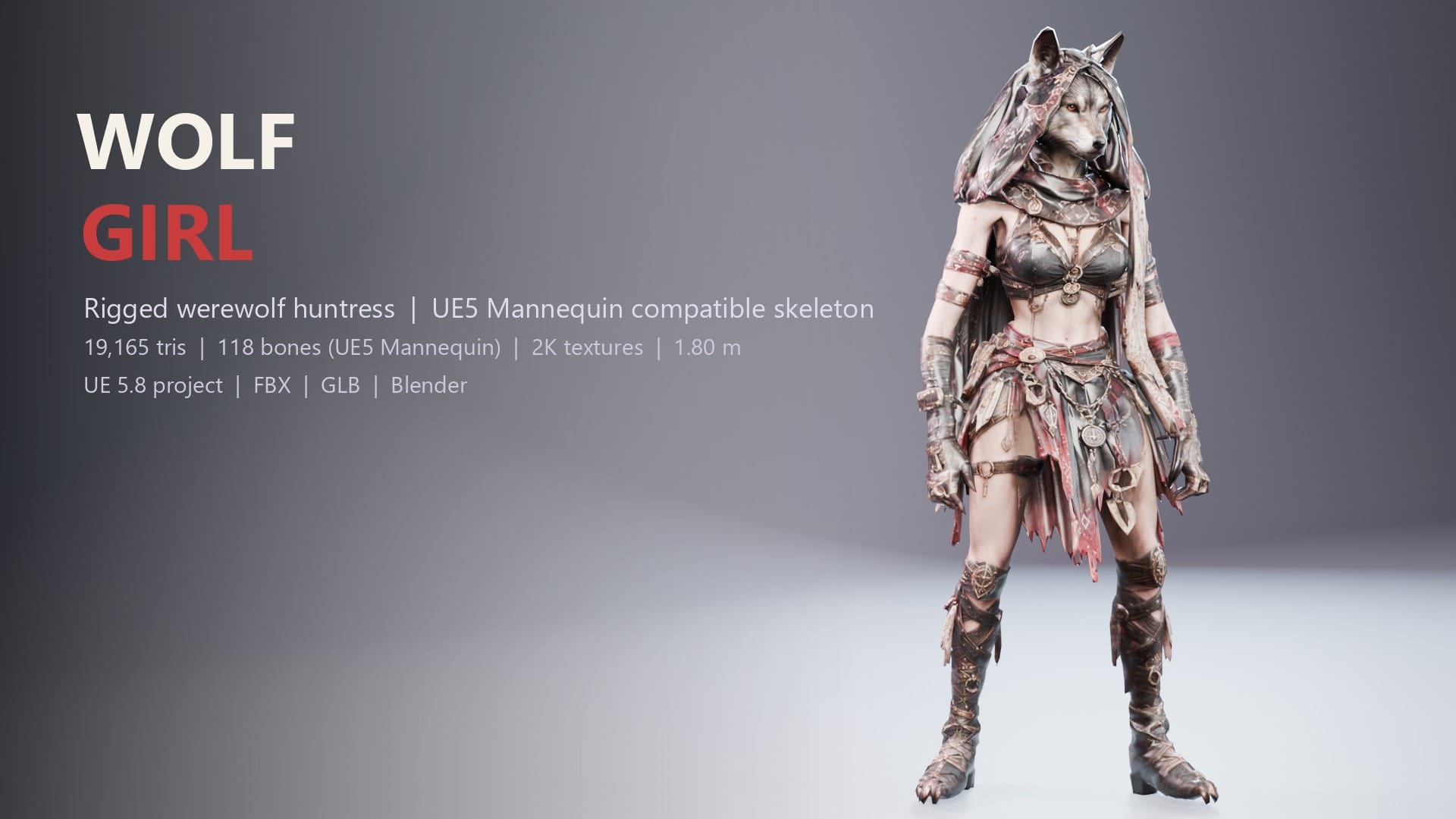 Wolf Girl - Rigged Werewolf Huntress for UE5 Mannequin (FBX, GLB, Blender)