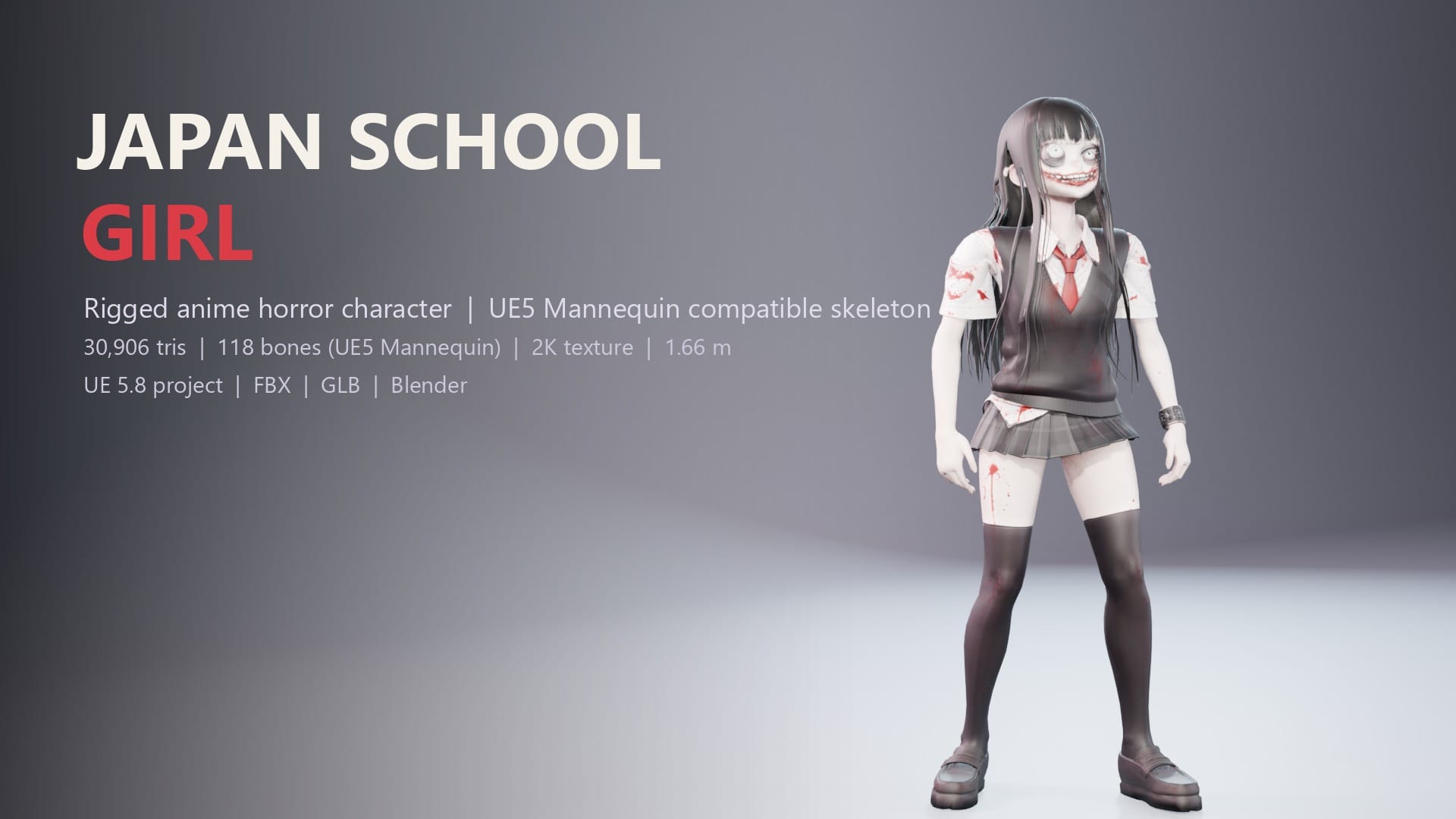 Horror Schoolgirl - Rigged Anime Horror Character for UE5 Mannequin (FBX, GLB, Blender)