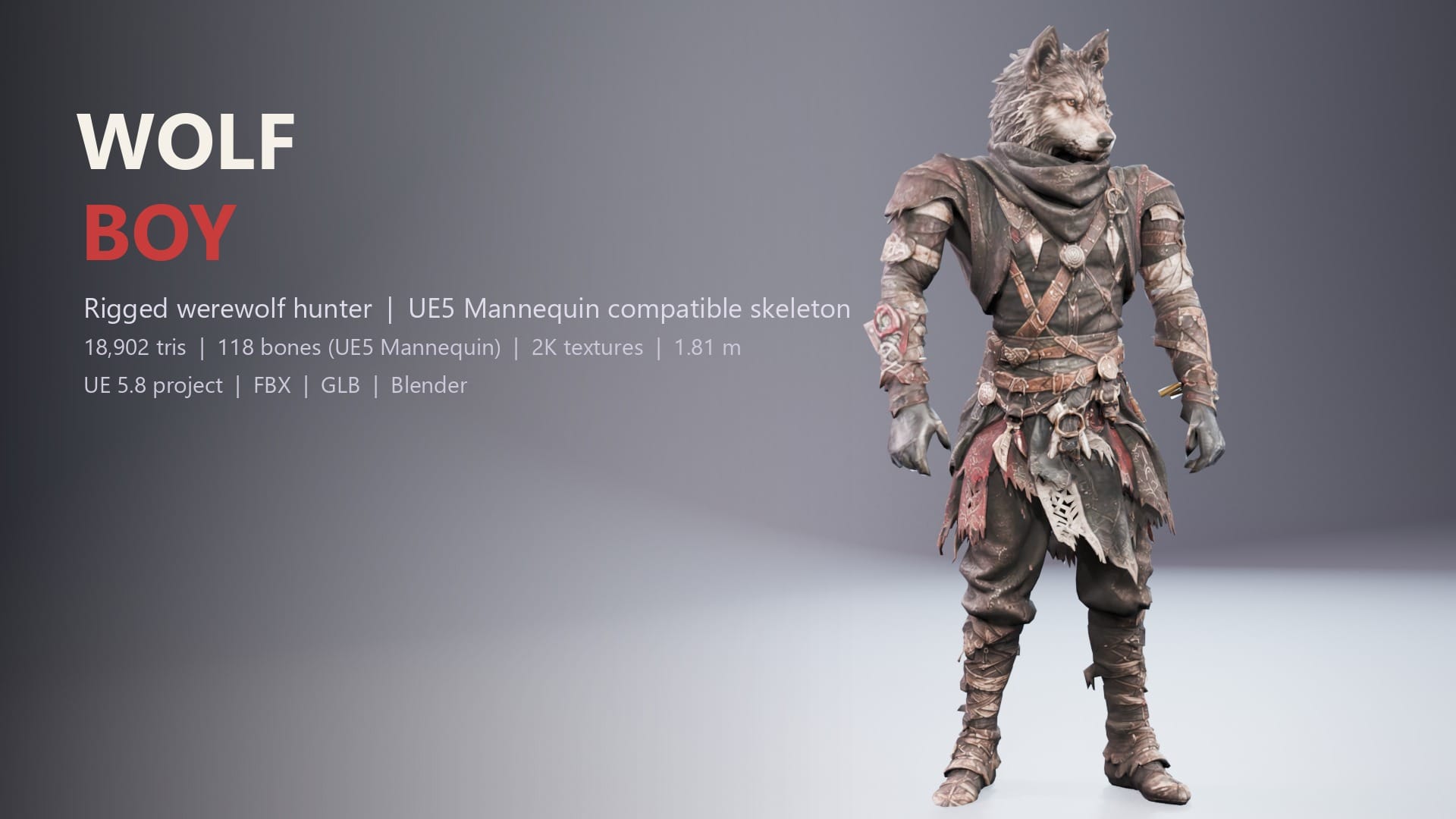 Wolf Boy - Rigged Werewolf Hunter for UE5 Mannequin (FBX, GLB, Blender)