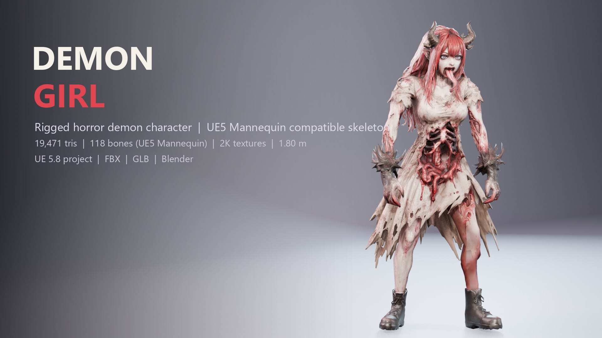 Demon Girl - Rigged Horror Character for UE5 Mannequin (FBX, GLB, Blender)