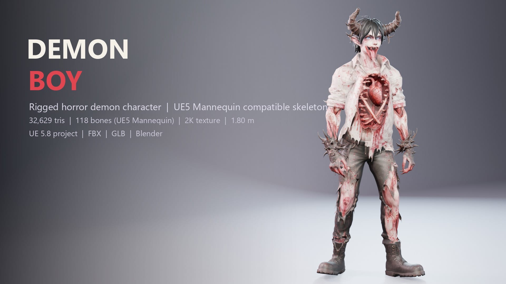Demon Boy - Rigged Horror Character for UE5 Mannequin (FBX, GLB, Blender)