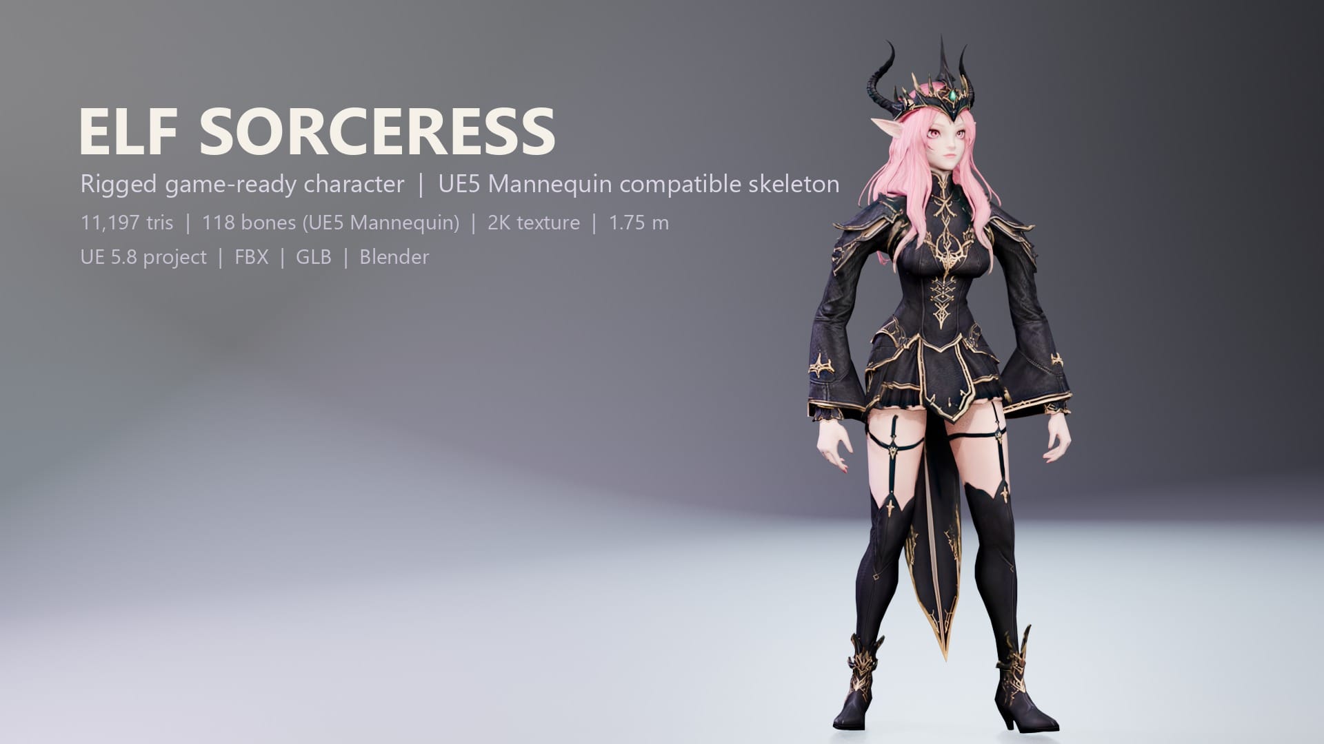 Elf Sorceress - Rigged Fantasy Character for UE5 Mannequin (FBX, GLB, Blender)