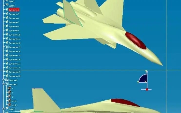 3D CAD views of an F-16 fighter jet with performance analysis graphics on a technical interface