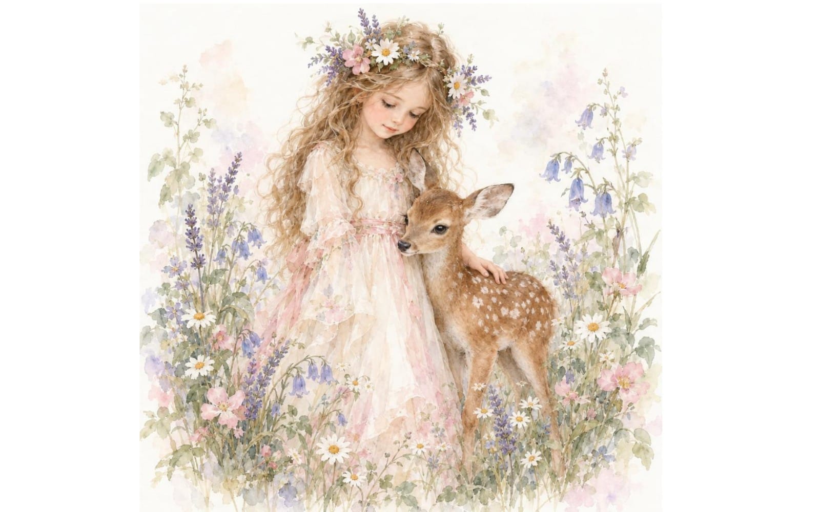 Watercolor fantasy illustration of a dreamy girl in a floral wreath holding a fawn among wildflowers