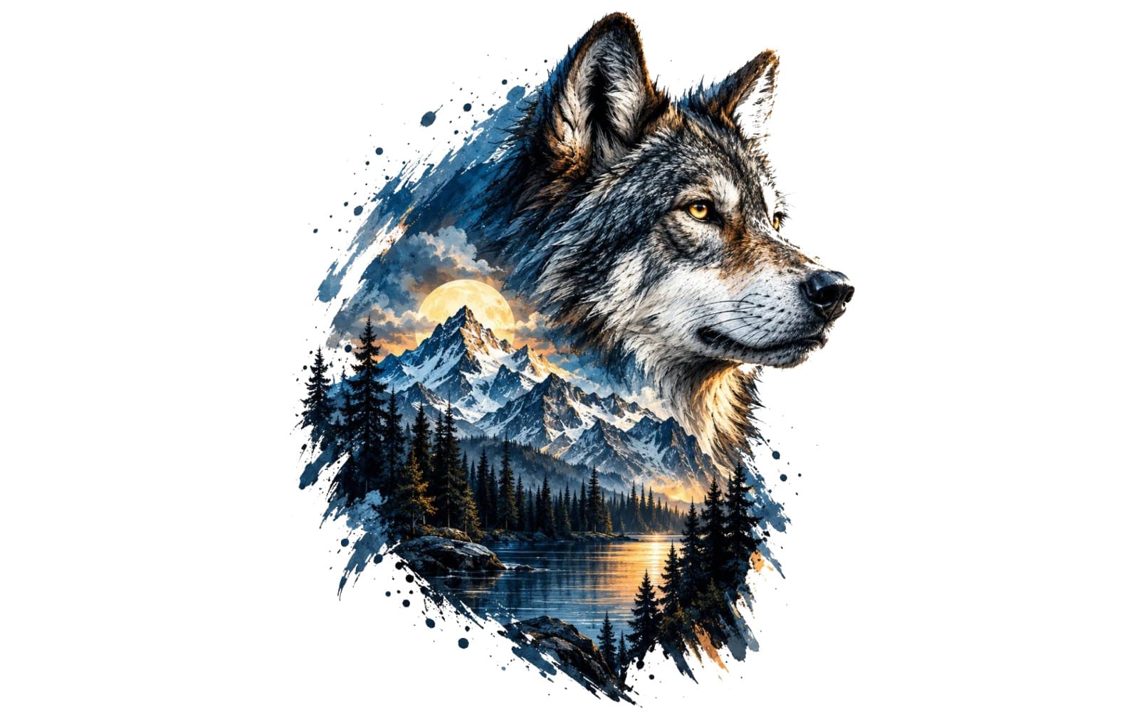 Watercolor wolf head over mountain landscape with night sky splatter splashes modern digital art design