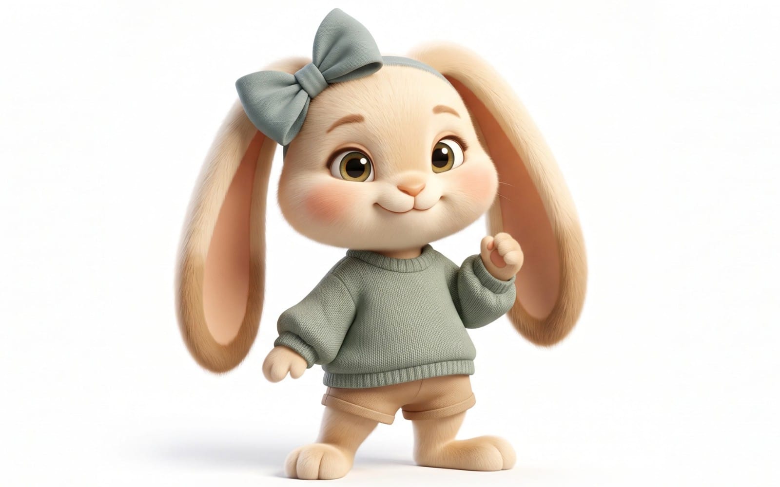 Cute 3D bunny character illustration with big bow and green sweater waving