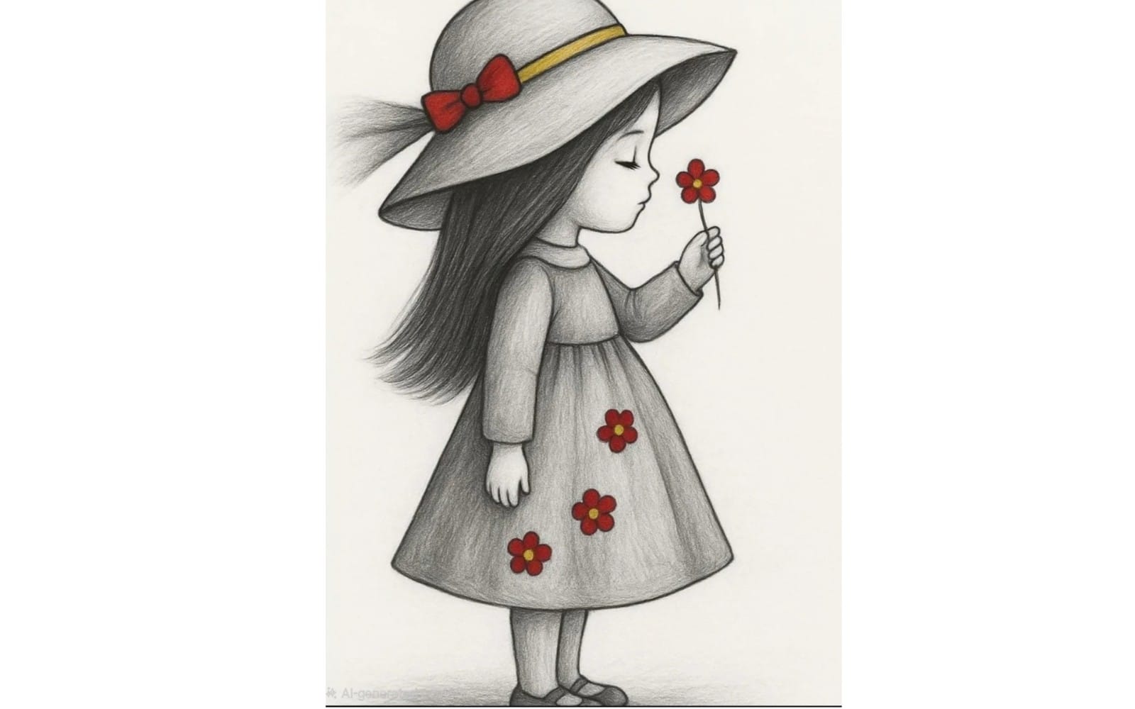 Pencil sketch illustration of a girl in a wide hat holding a small red flower