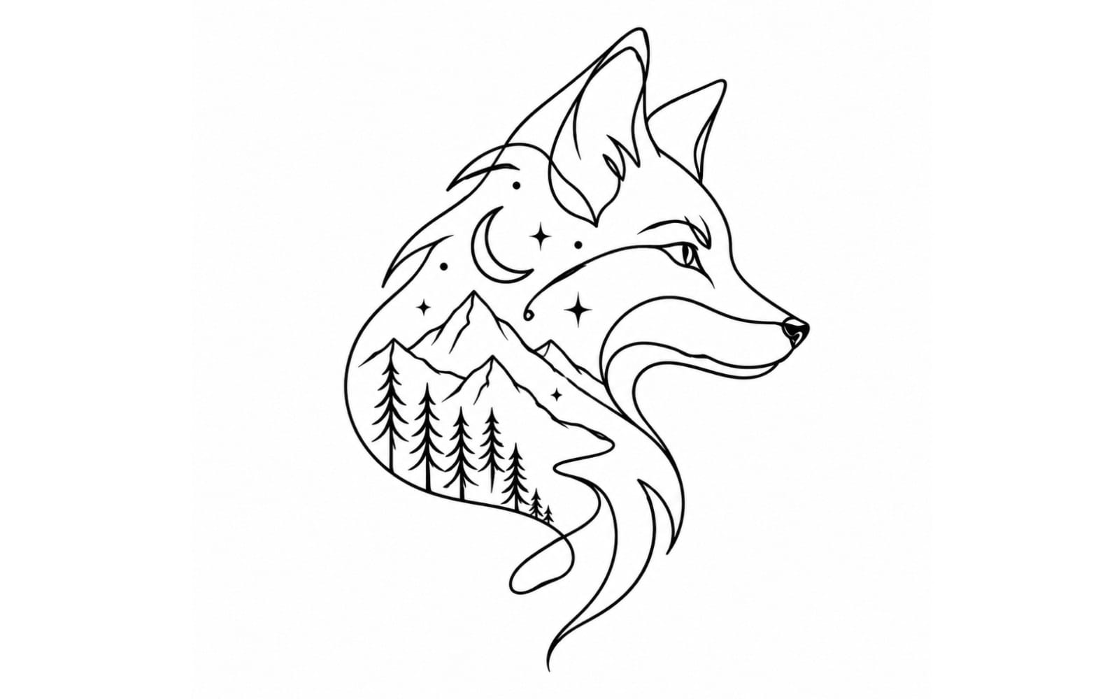 Minimalist line art fox spirit animal tattoo design with moon, stars, mountains, and pine trees