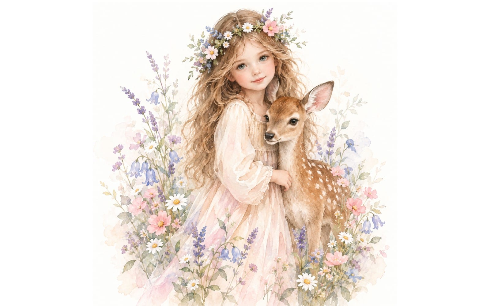 Watercolor fairy tale illustration of a girl in a flower crown holding a fawn among soft pastel blooms