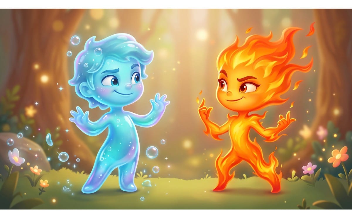 Water and fire elemental hearts digital art pack featuring a blue water child and orange flame character with sparkles