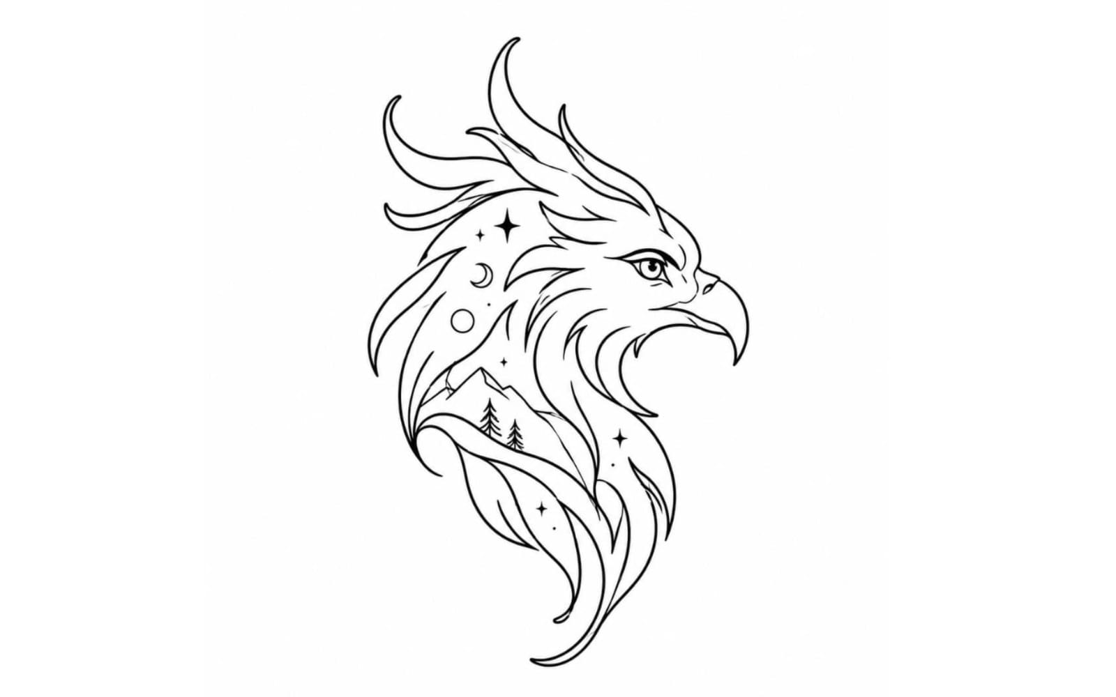 Minimalist line art phoenix spirit animal tattoo design with stars and mountain scene on white background