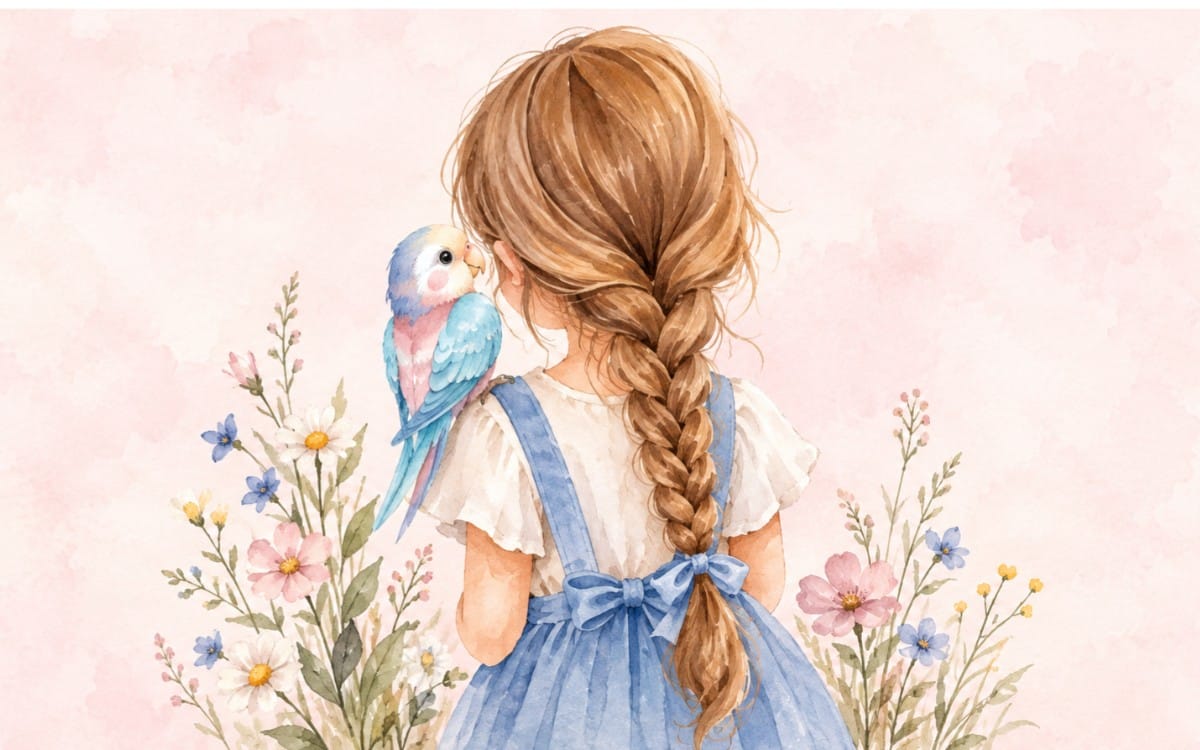 Watercolor illustration girl holding a blue parrot and flowers, part of Animal Friends digital art pack with 4 designs