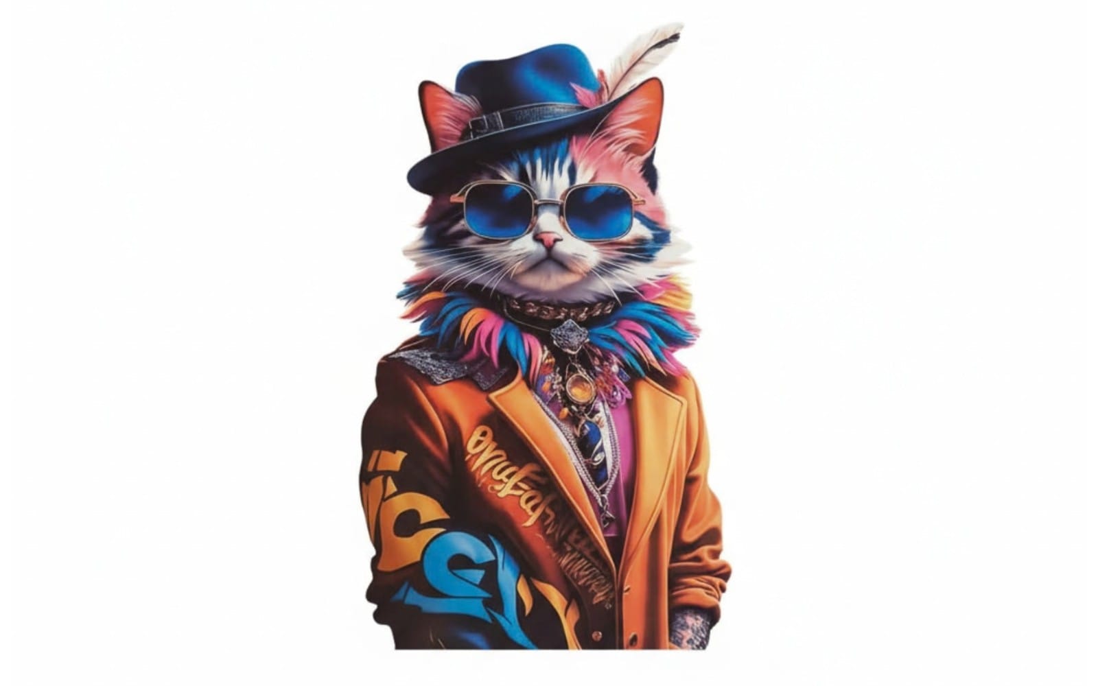 Cool cat character in hat, sunglasses, and colorful jacket digital art design with vibrant neon accents