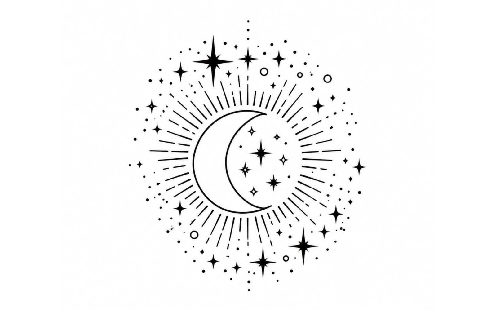 Minimalist celestial moon and sun ray design with stars and sparkles black line art illustration