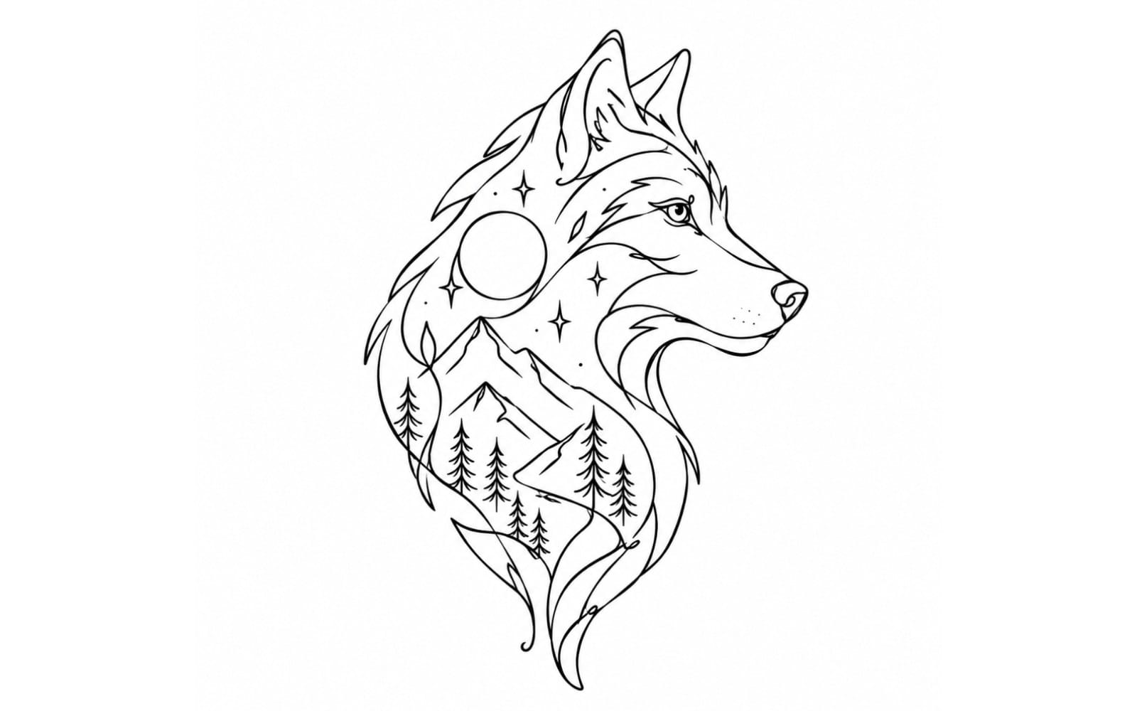 Minimalist line art wolf spirit animal tattoo design with moon and star details and forest mountains