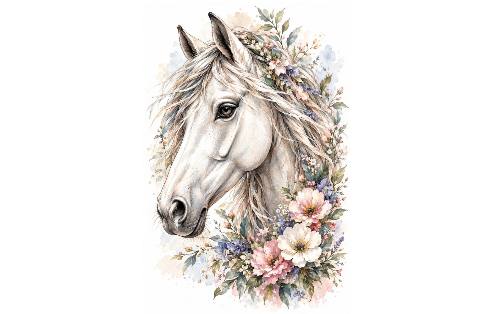 Watercolor horse portrait with soft pastel flowers and greenery wreath on a white background digital art