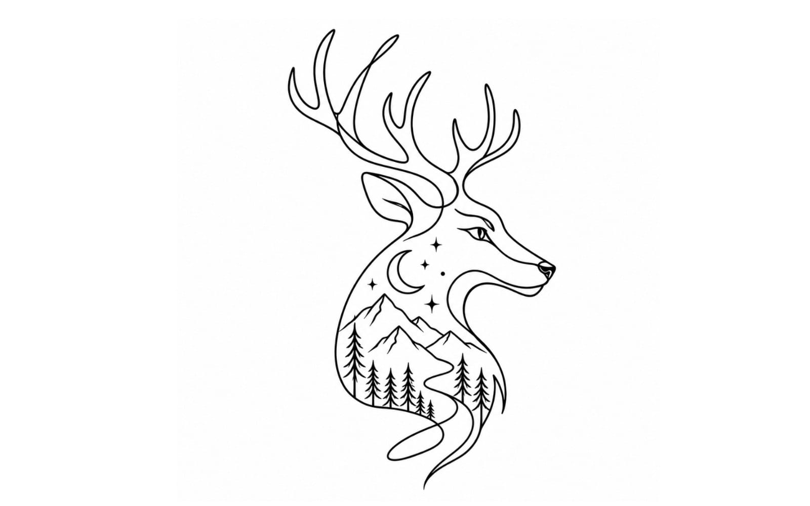 Minimalist line art deer spirit animal with antlers forming moon and star landscape tattoo design