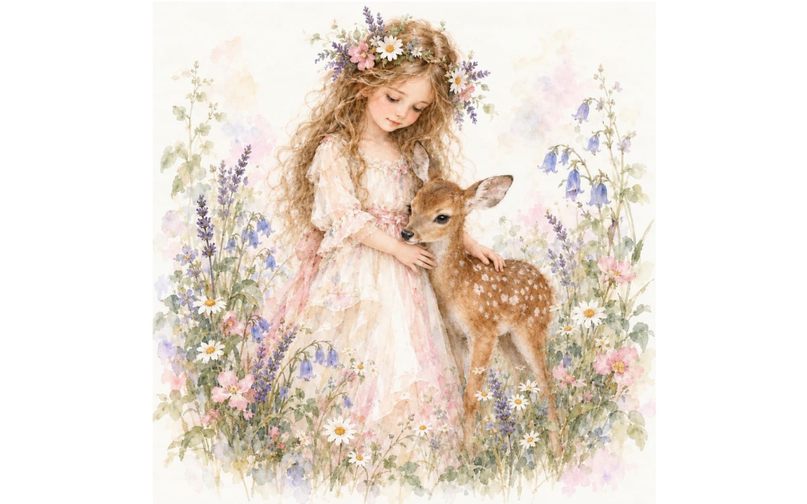 Dreamy watercolor fantasy illustration of a girl in a floral crown holding a fawn among spring wildflowers
