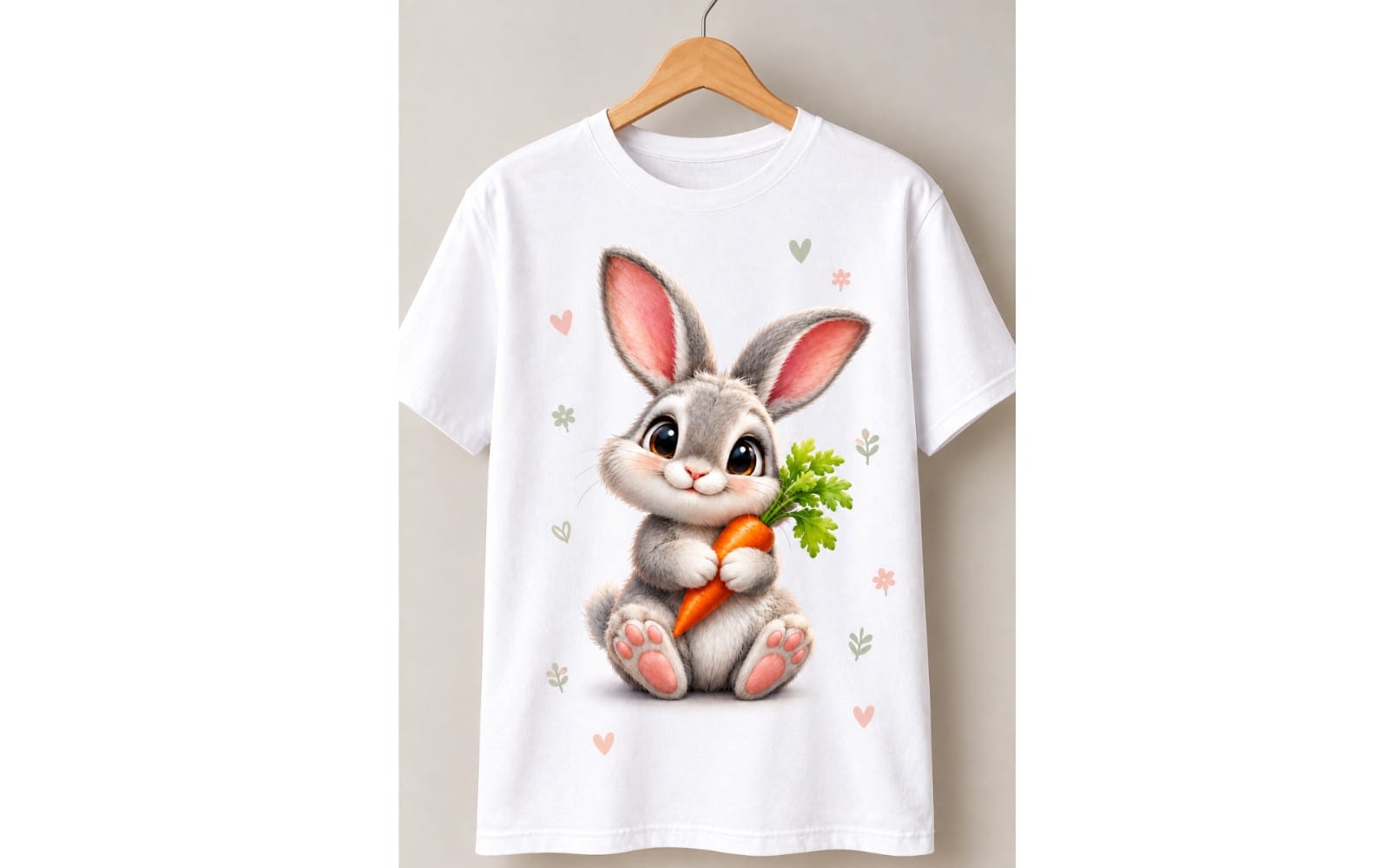 Cute fluffy bunny holding a carrot graphic on a white t-shirt design