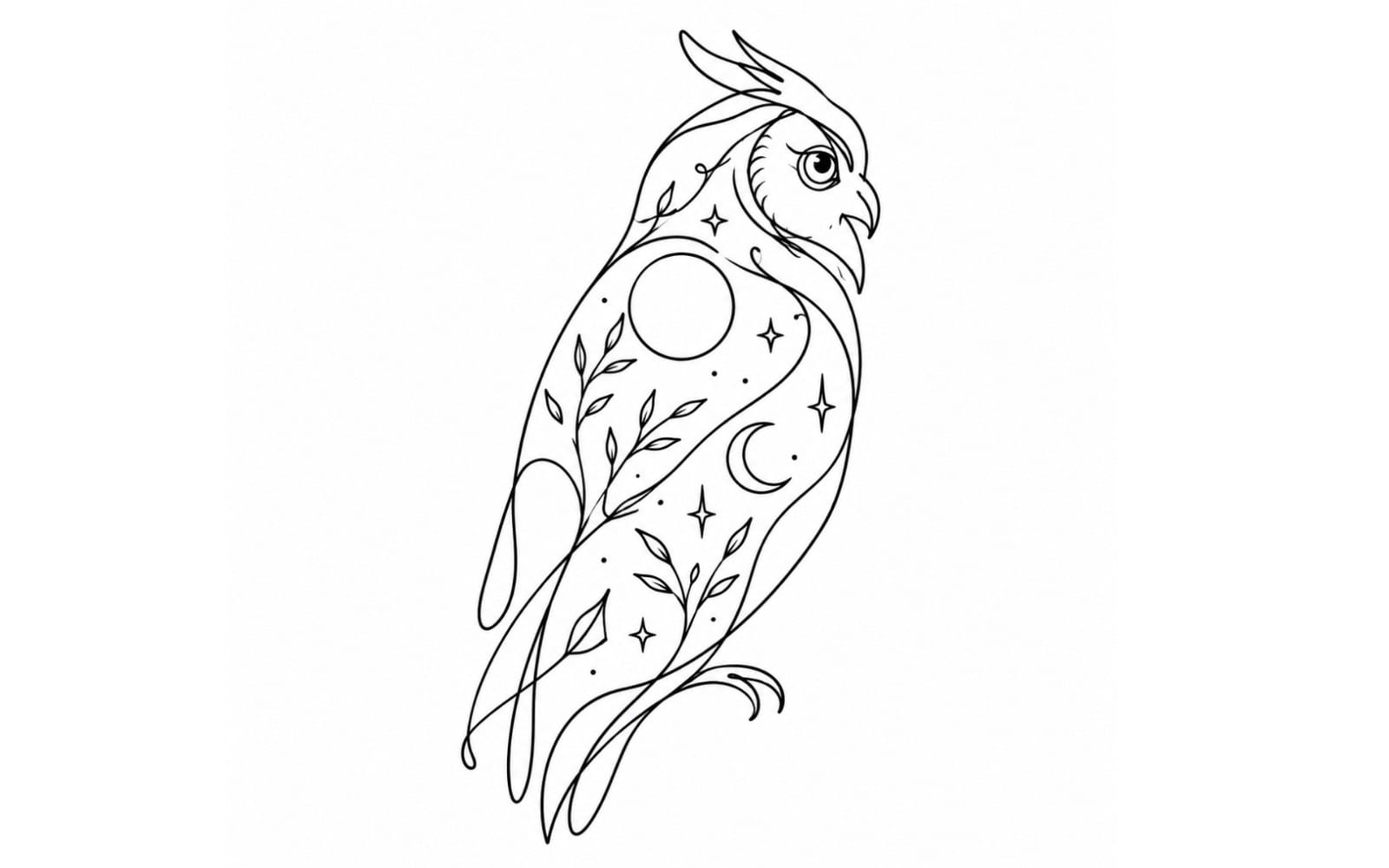 Minimalist line art owl spirit animal tattoo design with stars, moon, and botanical accents on white background