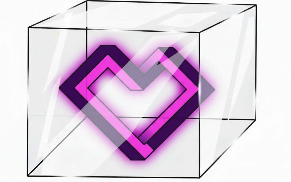 Geometric heart collection digital artwork inside a transparent 3D cube with purple pink and black lines