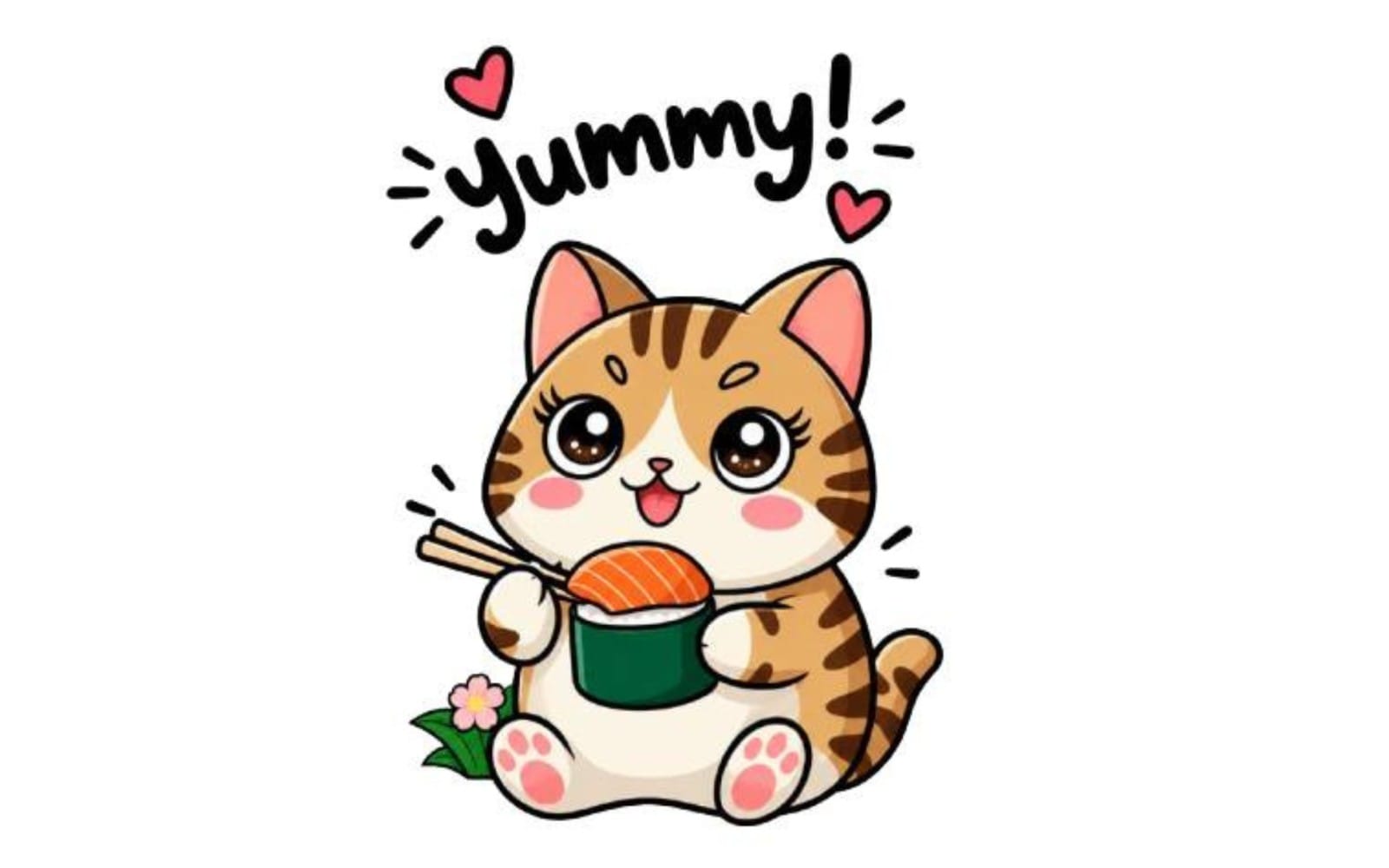 Kawaii Cat Eating Sushi - Yummy Cute Illustration
