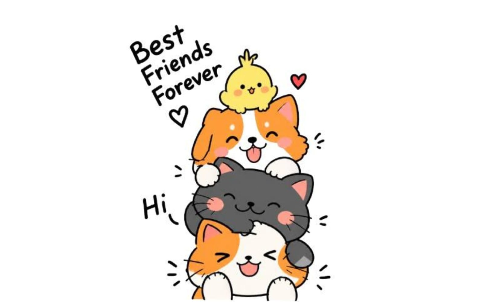 Kawaii animal friendship stack illustration with a smiling cat, dog, and chick holding hearts Best Friends Forever