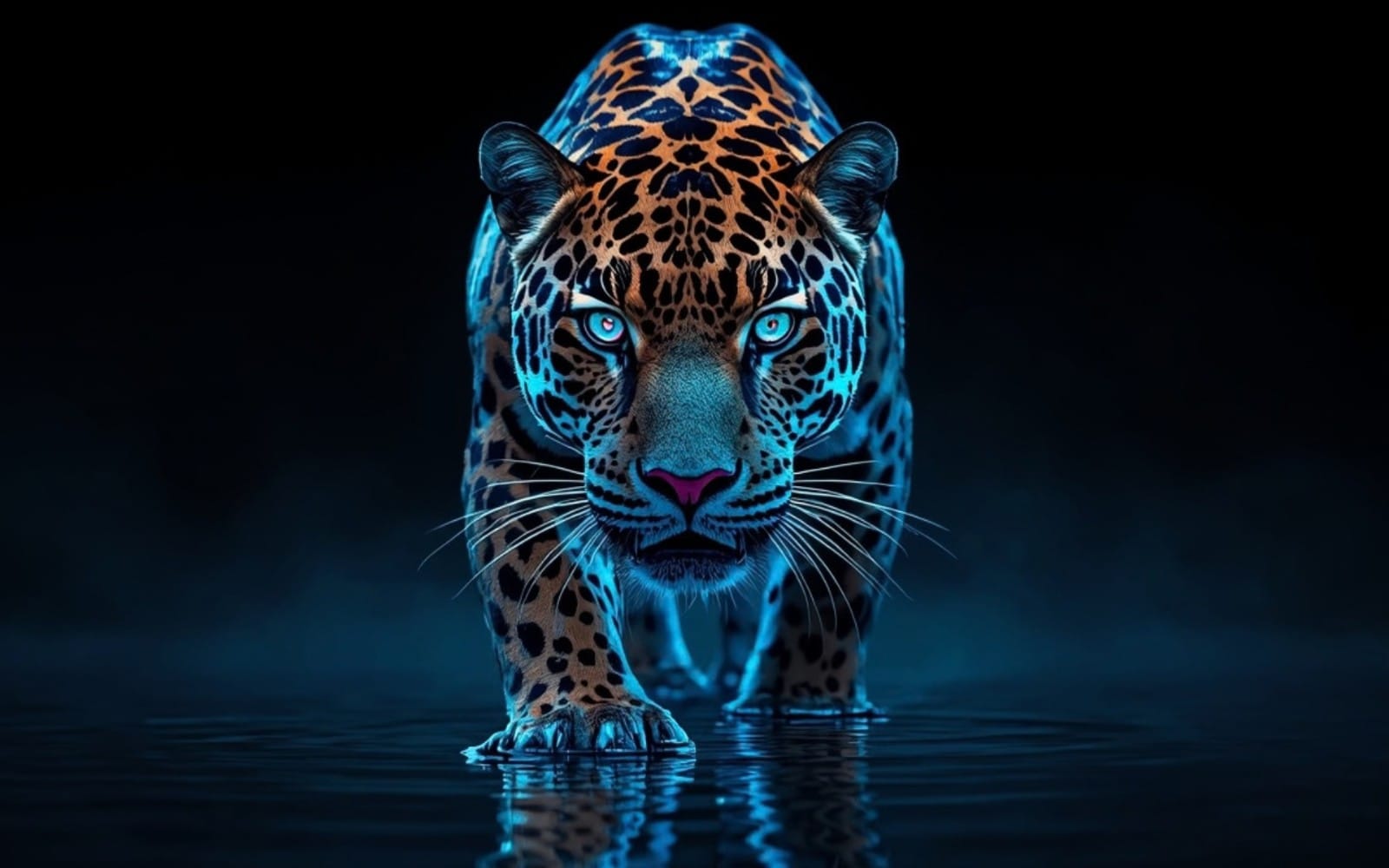 Neon blue panther digital art portrait with glowing eyes and reflections on a dark water background
